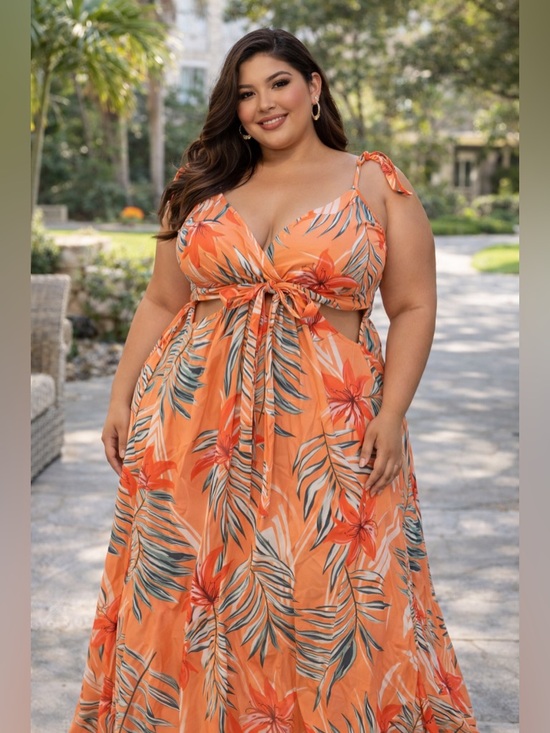 SHEIN Dresses & Skirts - Plus Size Orange Tropical Tie-Front Maxi Dress